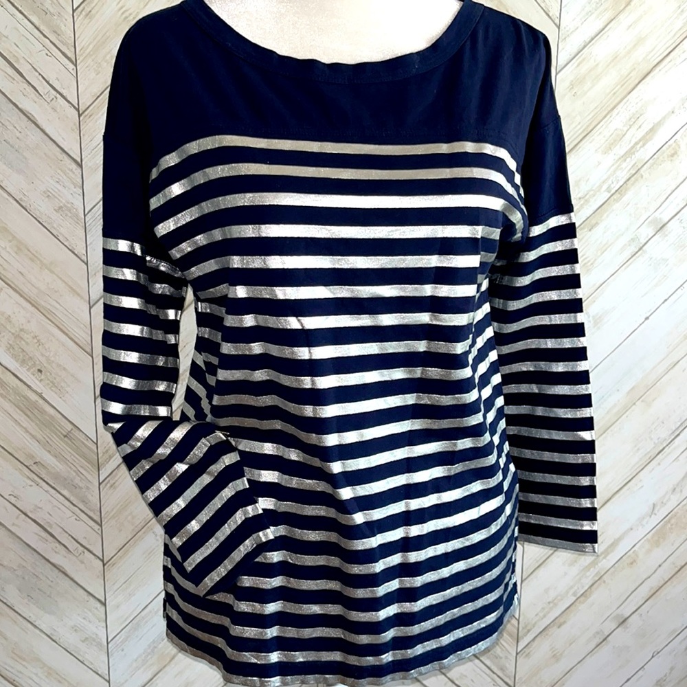 J.Crew cotton knit 3/4 sleeve round neck T-shirt metallic stripes size XS